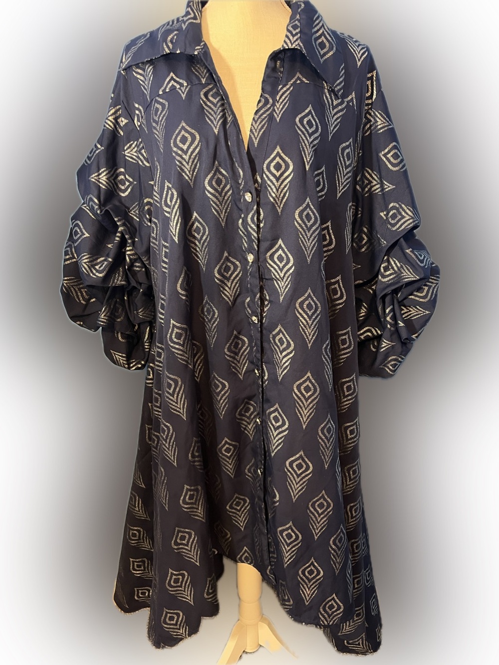 Women's Navy Button-Front Midi Dress with Geometric Print, Size 3X